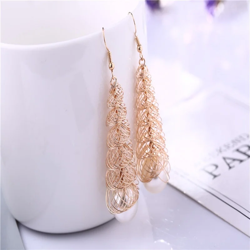 

Elegant Gold filled Hollow Cage Pearl Drop Dangle Earrings for Women