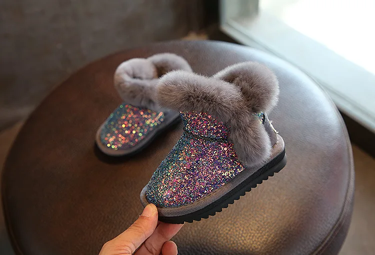 2019 детская зимняя женская обувь на кроличьем меху, ботинки-мартинсы, из хлопка для малышей Спортивная обувь с блестками, натуральная кожа