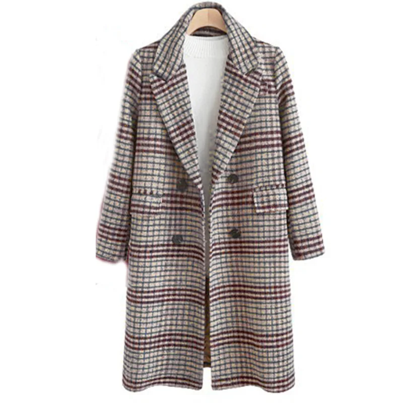Женское шерстяное пальто в клетку, женское Свободное длинное двубортное шерстяное пальто, зимнее пальто, шерстяное пальто, шерстяные куртки, Тренч WJ54 - Цвет: 1
