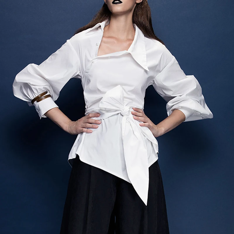 

2019 Spring and Summer Cotton Causal Irregularly Collared Shirt Spring New Lantern Sleeve Shirt Girl Sashes V-Neck Full Shirts
