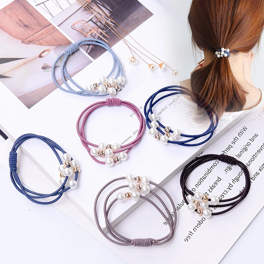 1Pc Girls Multi-Layer Pearl Hair Rope Solid Color Elasticity Hair Ring Hairband Hair Accessories 3 layer