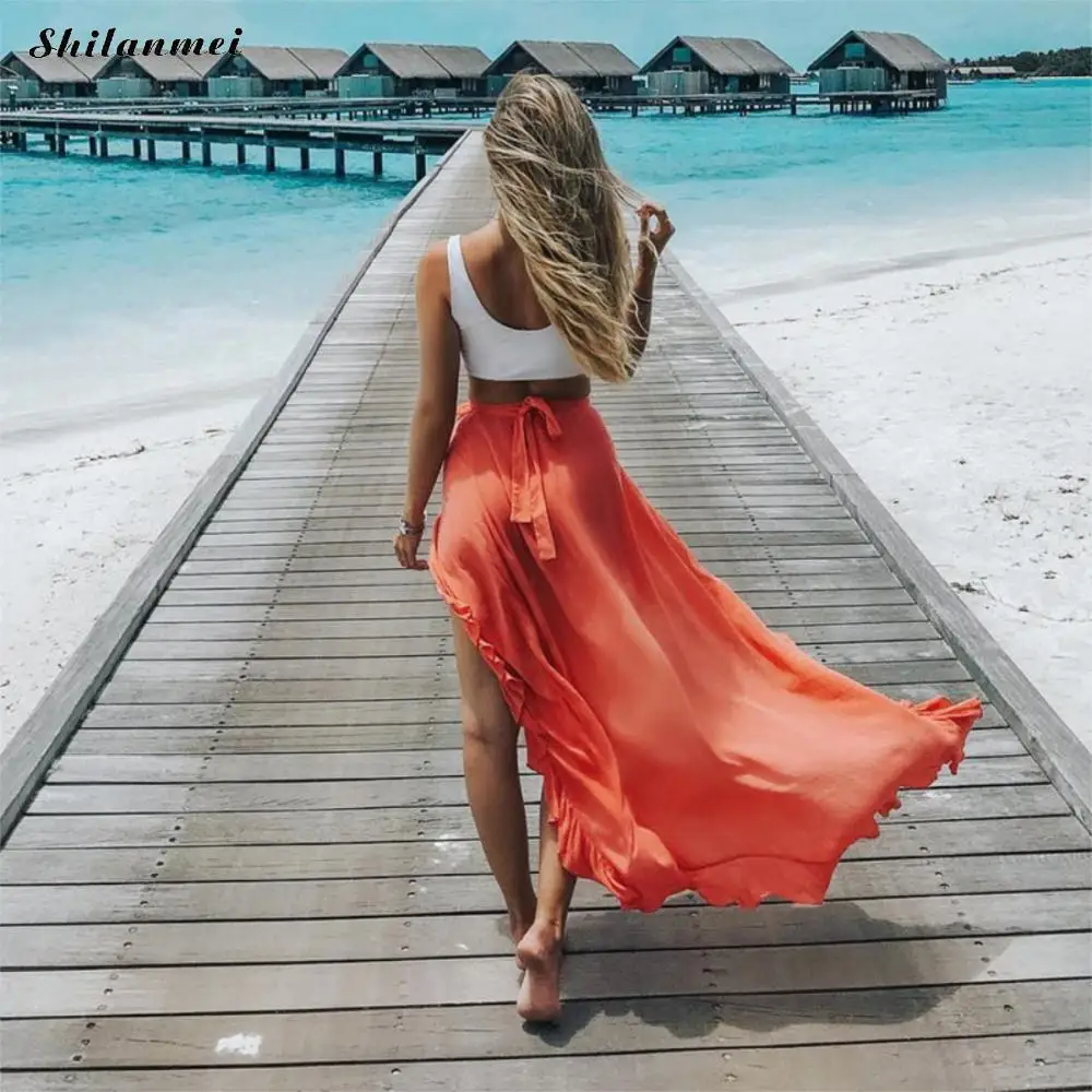 Summer Women Skirts Drawstring Waist Flouncing Maxi Skirt Solid Split Irregular Hem Holiday Beach Elegant Fladas | Женская одежда