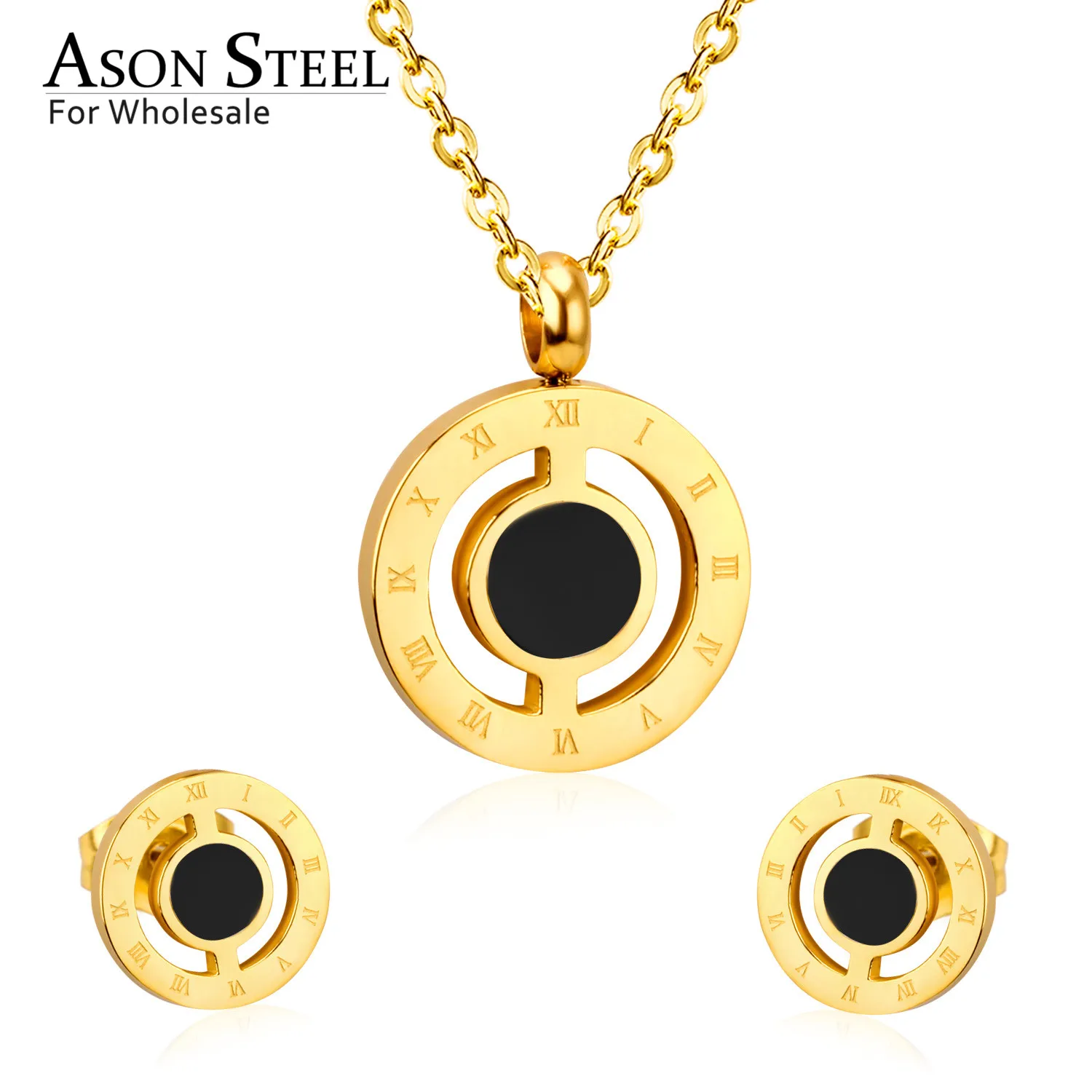 

ASONSTEEL Round Love Shell Top 316L Stainless Steel Gold Wedding Jewelry Sets for Women Necklace Pendant Small Stud Earring