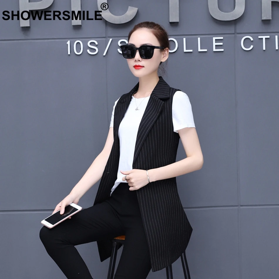 SHOWERSMILE Striped Waistcoat Ladies Black Vest Women Formal Office Long Suit Vests Elegant Autumn Sleeveless Jackets Gilet 2018