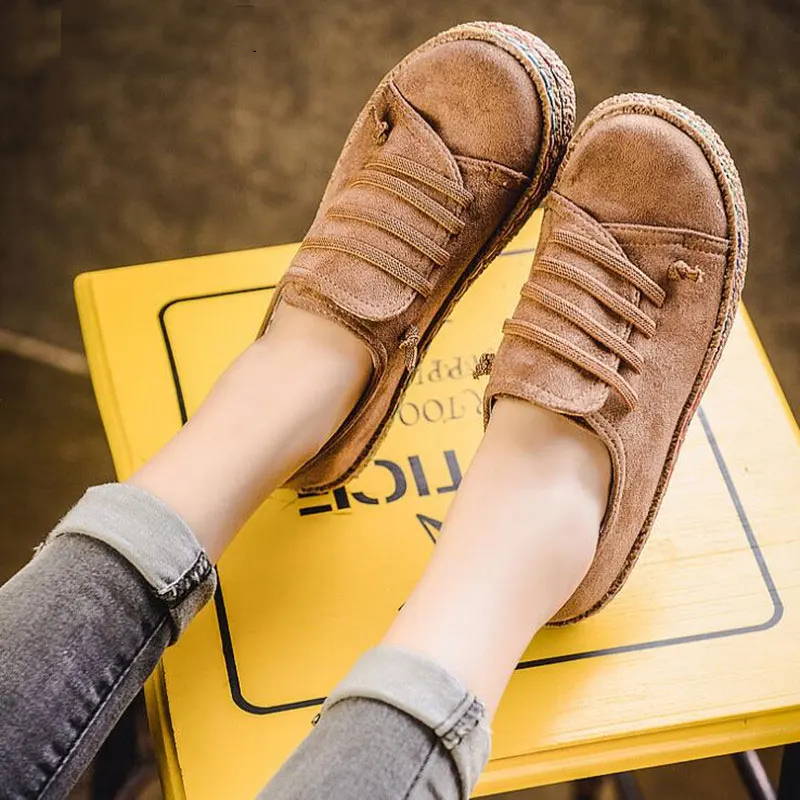 

Women Flat Shoes Spring Vintage Suede Casual Lace-up Sewing Flats Female Comfortable Round Toe Loafers Fashion Shoes Ladies