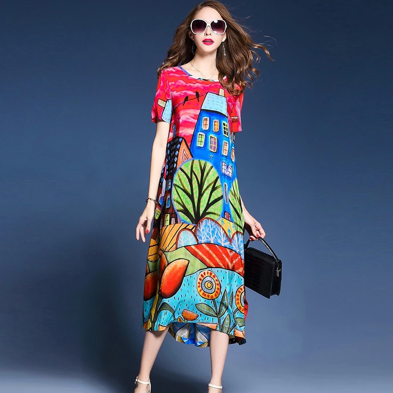 Имитирующие платья из натурального шелка новые летние винтажные платья трапециевидной формы с принтом свободные платья с круглым вырезом и короткими рукавами