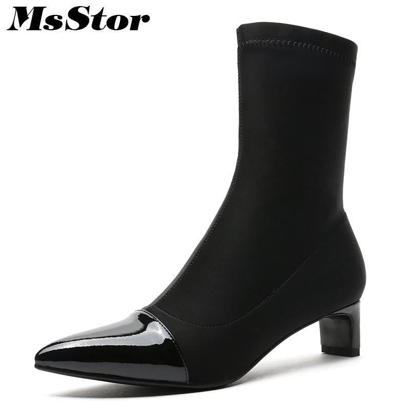

Msstor Pointed To Med Heel Women Boots Fashion Stretch Fabri Ankle Boots Women Shoes Elegant Strange Style Boots Shoes Woman
