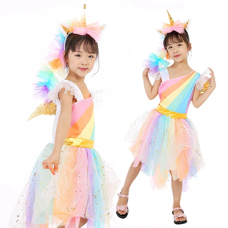 

Girl Unicorn Princess Dress Costume New 2019 Girl Dance Party Cosplay Tutu Dress Headband Halloween Pony Polaroid Performance