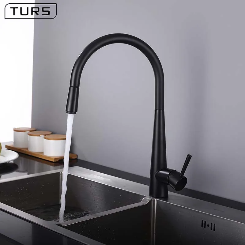 Brass Black Kitchen Faucet High Arch Kitchen Sink Faucet Pull Out Rotation Spray Mixer 2-Function W - 32907826371