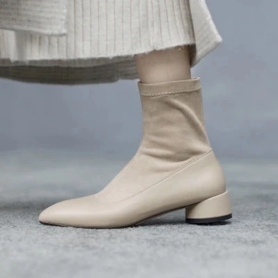 

Concise Style Women Solid Nude Black Slip On Ankle Boots Spring Autumn Pointed Toe Low Square Heel Short Booties Free Shipping