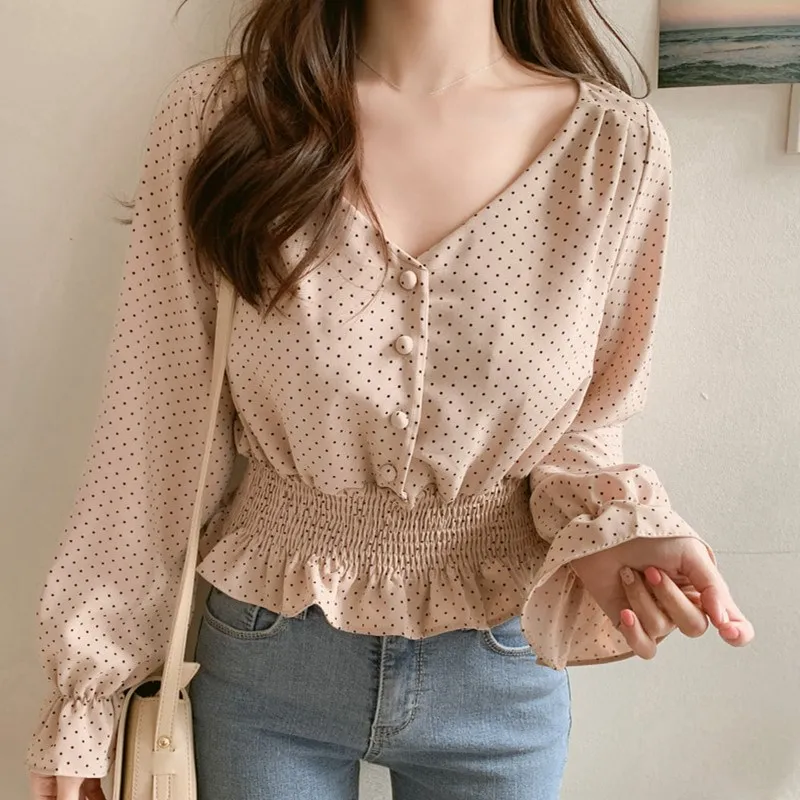 Vintage Women V-neck Flare Sleeve Polka Dot Shirts Elegant Front Buttons Tie Waist Ruffles Blouses