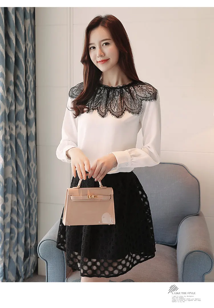 2019 New Autumn Tops Women Fashion Lace Patchwork Blouses Casual Long Sleeve Chiffon Blusas Mujer Pink White Shirt Female (7)