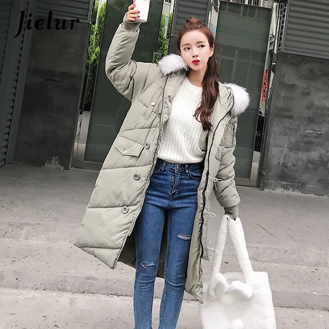 Jielur 2018 Korean Stylish Fur Collar Hooded Winter Down Jacket High Street Fashion Buttons Elegant Lady