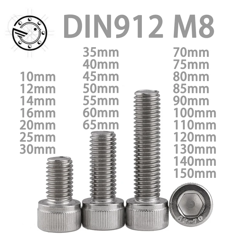 

DIN912 M8 Metric Thread 304 Stainless Steel Hex Socket Head Cap Screw Bolts M8*(10/12/14/16/20/25/30/35/40/45/50/55/60~150) mm