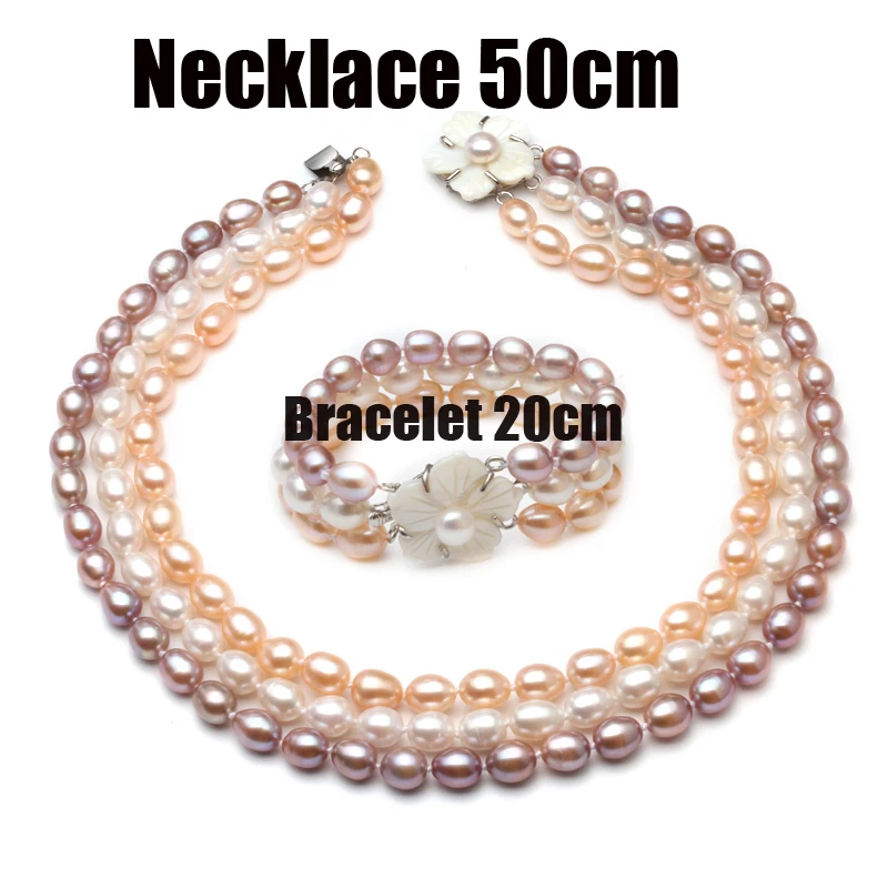 Роскошный стиль AAA пресноводный три ряда жемчужное ожерелье Настоящее рисовое Жемчужное ожерелье браслет Набор свадебное ювелирное изделие хорошее ювелирное изделие - Цвет камня: long pearl set