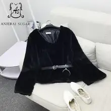 Осень-зима, женская рубашка, топ, сексуальный, тонкий, рукав-фонарик, v-образный вырез, искусственный мех, Повседневный, свободный, сохраняет тепло, Студенческая, для девушек, пуловеры, короткая рубашка