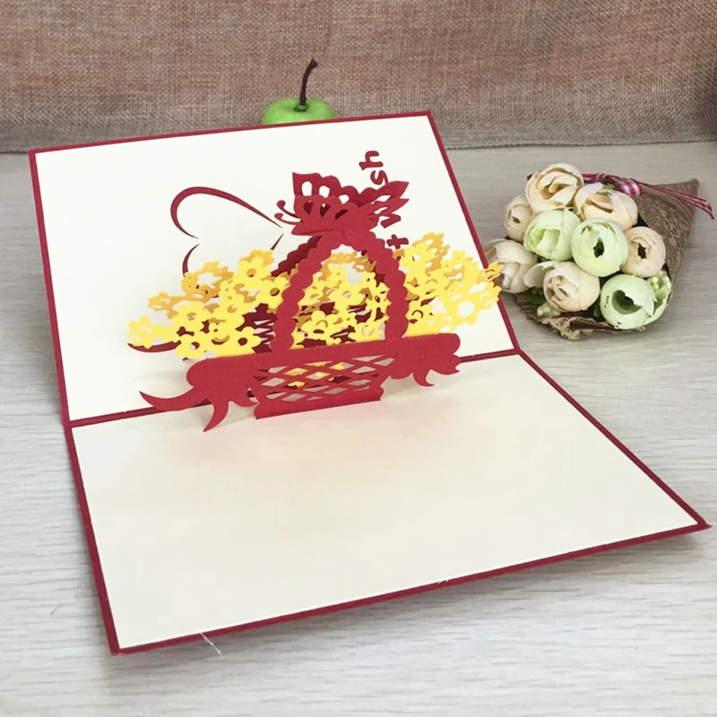 1pcs Love Flower Basket Laser Cut Origami Paper 3D Pop UP Cards Greeting Cards Arts Post Cards Valentine's Day Birthday Gifts