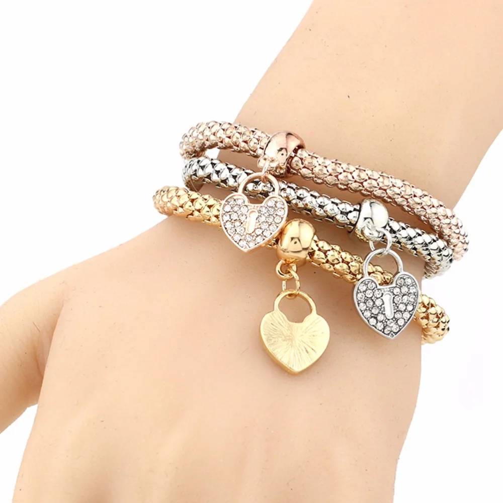 3Pcs Cute Gold Filled Heart Charm Elastic Bracelets For Women Bracelet