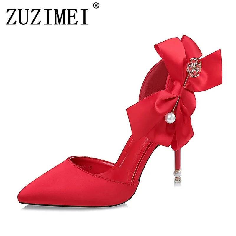 

2018 Women pumps Luxury Pearl rhinestones Bride shoes Fashion Butterfly-know High heels Summer Party Wedding Shoes Woman Sapatos