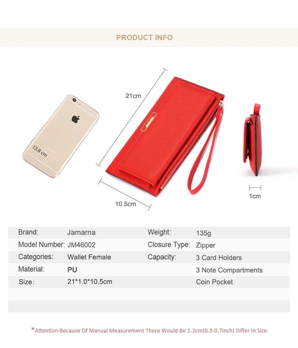 Jamarna Wallet Female PU Leather Long Clutch Women Wallet Female Women Wallets Red Zipper Phone Pocket Coin Purse Wristlet_04