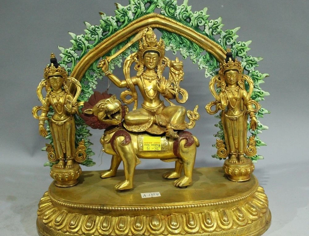 

11" Tibet Bronze 24K Gold Seat Lion 3 Manjusri Kwan-Yin GuanYin Buddha Statue