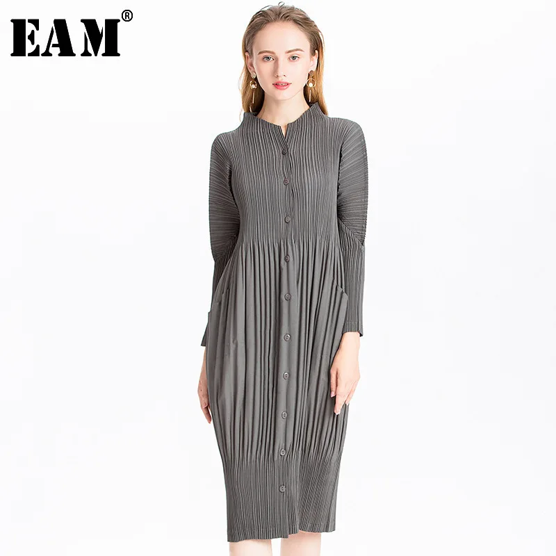 [EAM] New Autumn Winter Stand Collar Long Sleeve Black Pleated Split Joint Big Size Dress Women Fashion Tide JL566