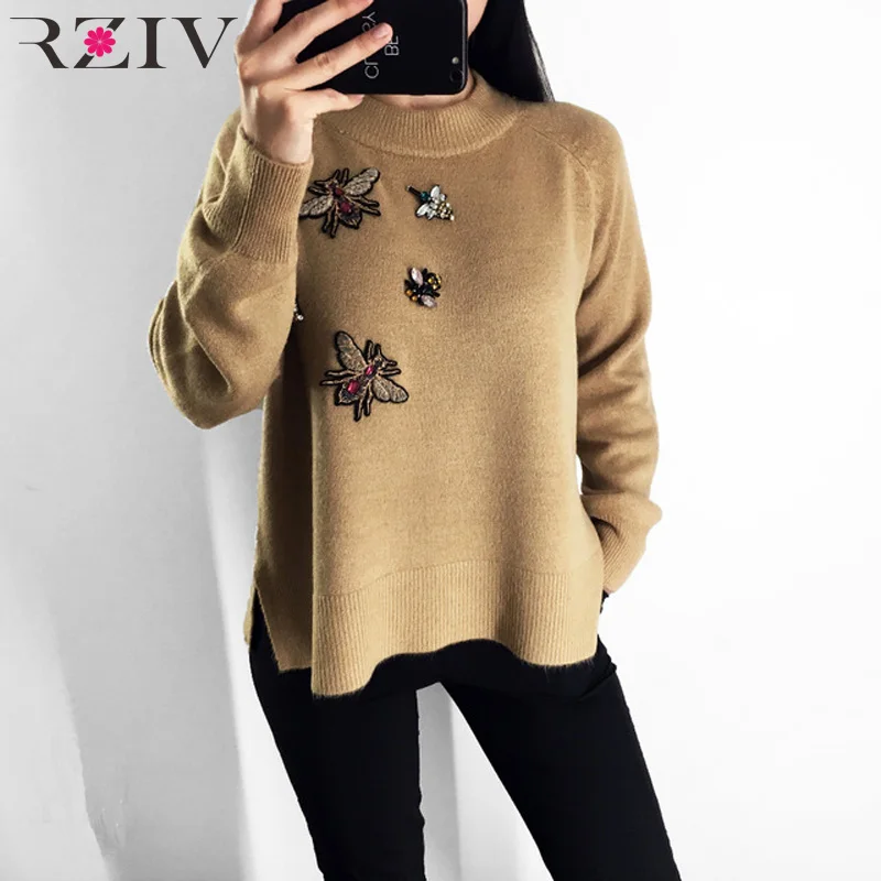 RZIV spring 2018 women sweater casual female pullovers beading decoration solid color sweater knitted tops loose style RZIV spring 2018 women sweater casual female pullovers beading decoration solid color sweater knitted tops loose style