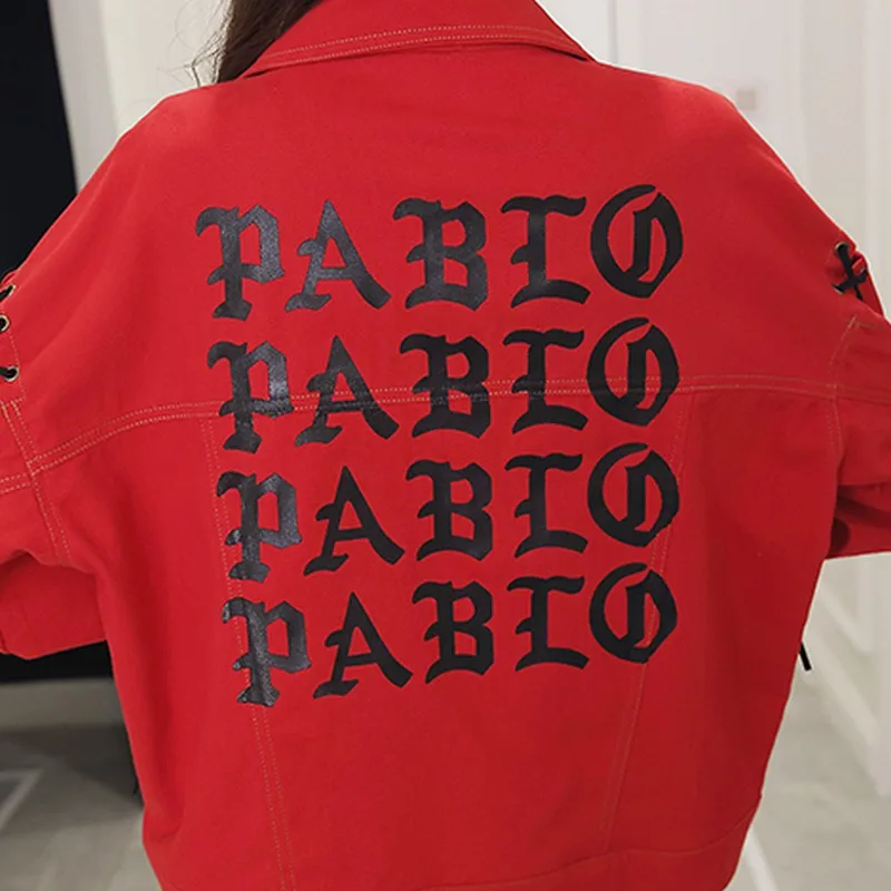 EXOTAO Red Bomber Jeans Jacket Women Hollow Out Single Breasted Spring Chaqueta Mujer Lace Up Thin Back-Printed Bts Denim Jacket