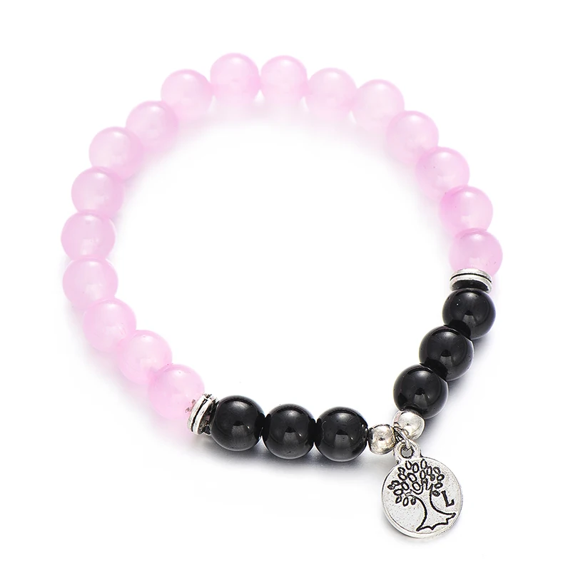 

Boho Silver Tree of Life Charm Bracelets Women Men Jewelry Vintage Pink Stone Healing Protection Elastic Beaded Bracelet Gift