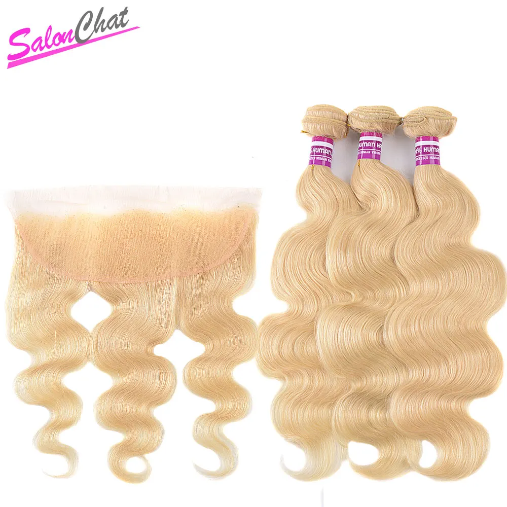 

Salonchat Blonde Bundles With Frontal Remy Human Hair Extension Brazilian Hair Weave Bundles Body Wave 613 Bundles With Frontal