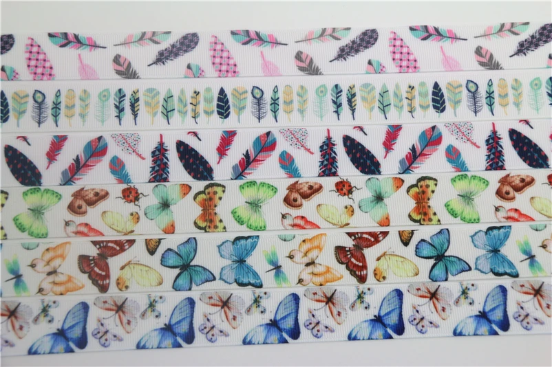 DHK 7/8 'Ƌ ярдов перьев бабочки напечатан grosgrain ленты ленточный аксессуар hairbow