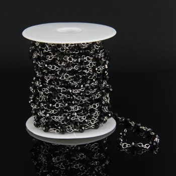 

4x6mm Black Spinel Faceted Rondelle Glass Rosary Style Beaded Chain,Stainless Steel Wire Wrapped Link Necklace Jewelry Supplies
