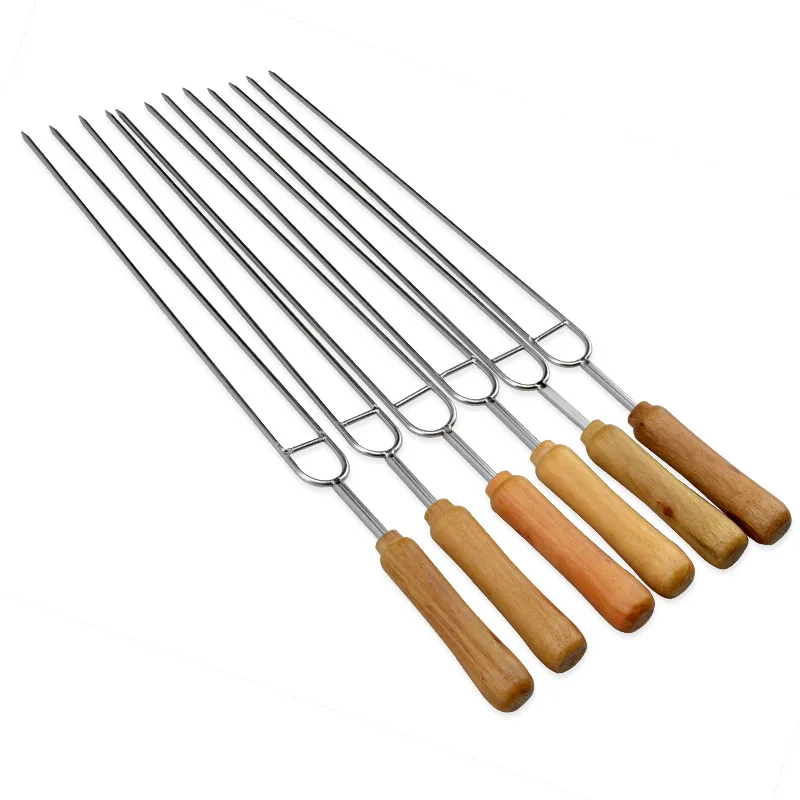 6pcs Stainless Steel BBQ Fork Needle Wooden Handle Row U BBQ Roast Barbecue Skewers Picnic Camping Tools Accessories