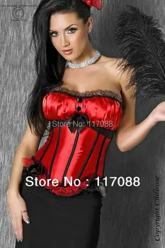

ML4023 1 set dropship Free shipping Bustiers Red Satin Embroidered Corset Overbust Corsets + Thang SIZE: S M L XL