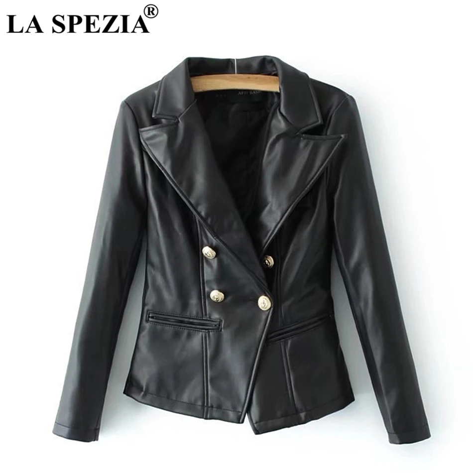 LA SPEZIA Double Breasted Leather Jacket Women Black Motorcycle Coat Female Cool Biker Pockets Punk Autumn Vintage Jackets 2019