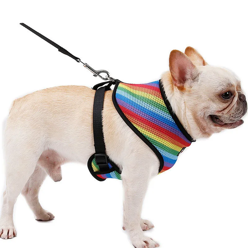Baratos Perro arnés Correa con una bolsa de caca suave Arco Iris transpirable de malla de Bulldog Francés chaleco ajustable correr correa para mascotas arnés SP