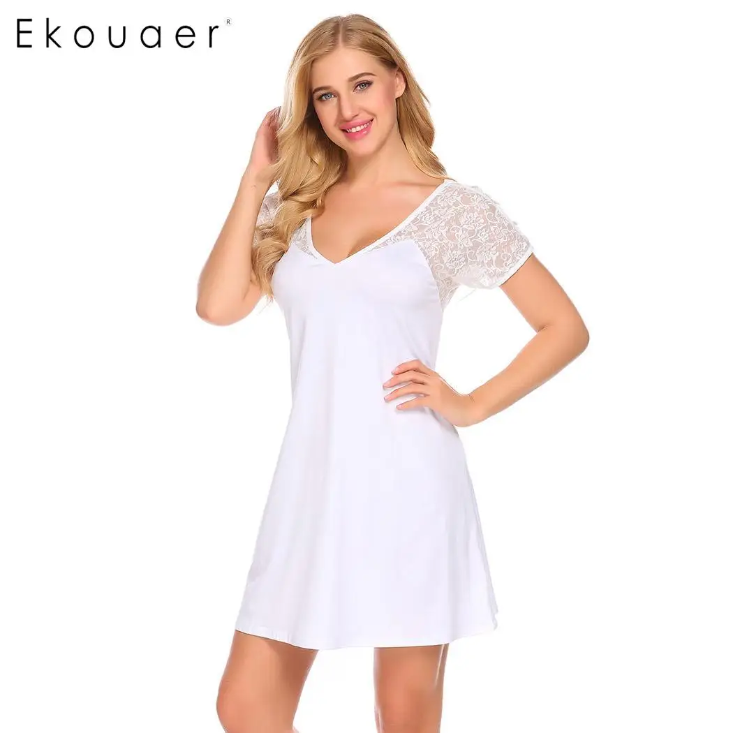 Ekouaer Night Dress Sleepwear Women Deep V Neck Short Sleeve Mesh Patchwork Backless Cross Sleep Dress Nightgown Sleepshirts