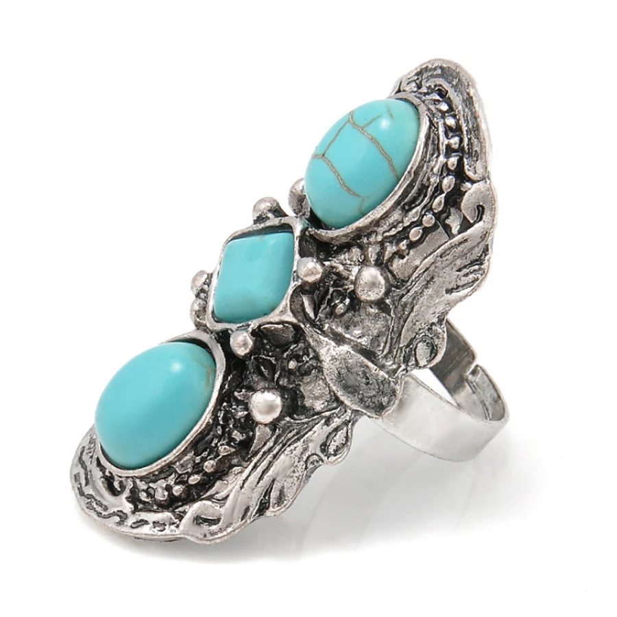 SHEEGIOR Vintage Turquoises Long Rings for Women Bague Femme Boho Ethnic Retro Silver Big Ring Men's Fashion Jewelry Accessories