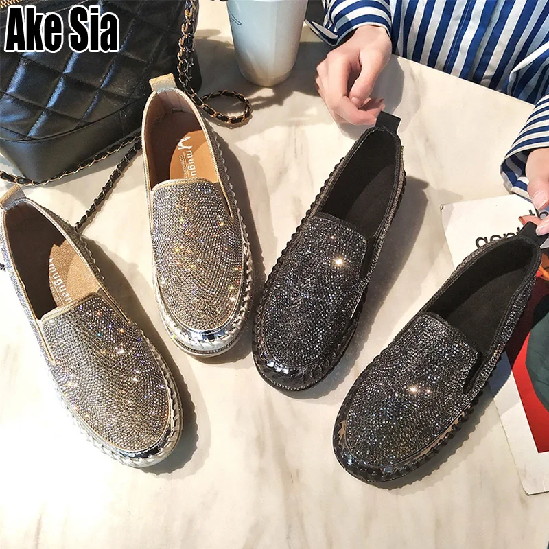 

Women Lady Girls Fashion Rhinestone Crystal Zapatillas Stitched Thick Sole Female Casual Loafers Lazy Moccasins Flat Shoes A765