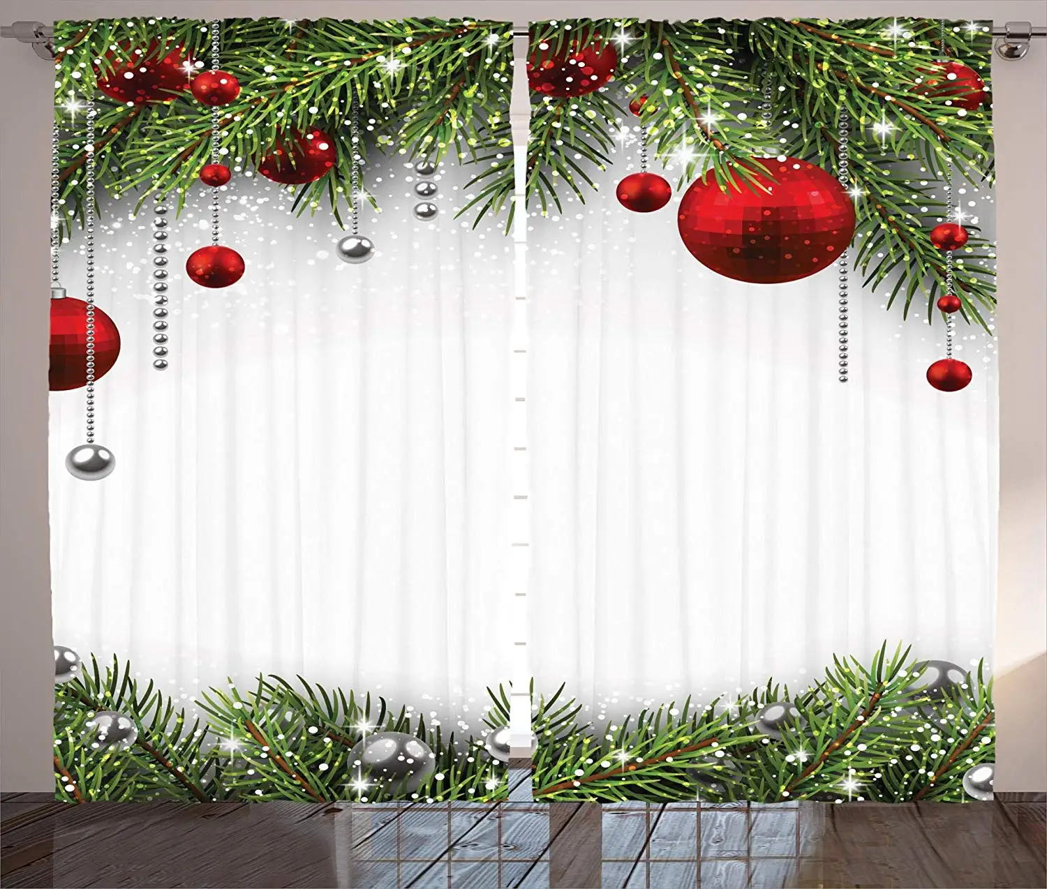 Christmas Curtains Noel Time Backdrop with Fir Pine Leaves Celebration