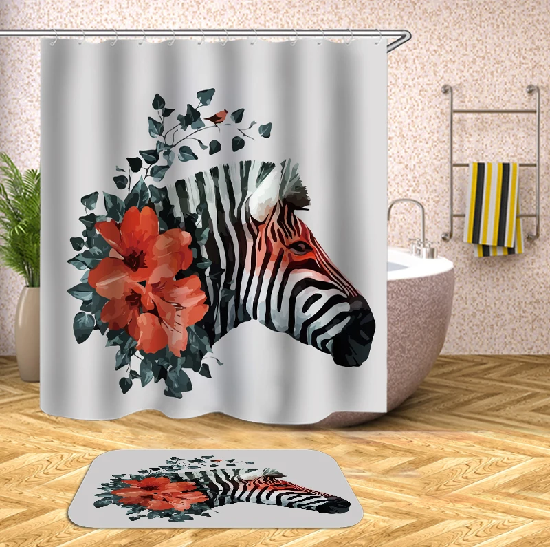 

Zebra flower Print Waterproof Shower Curtain Polyester Fabric Bath Curtain Home Bathroom Curtains with 12 Hooks Shower Curtains
