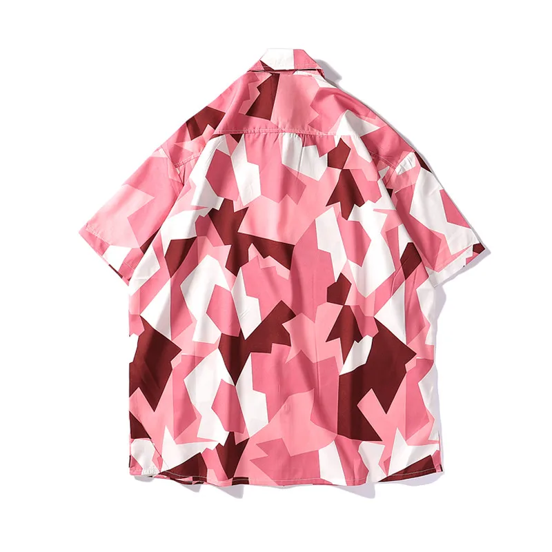 Bebovisi Мужская Уличная Геометрическая рубашка с короткими рукавами Harajuku Гавайская розовая серая рубашка хип хоп Повседневная Свободная рубашка хипстер