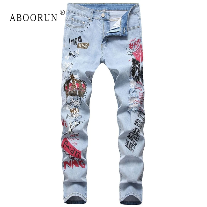 ABOORUN Hi Street Men's Ripped Jeans 3D Graffiti Printed Jeans Elastic