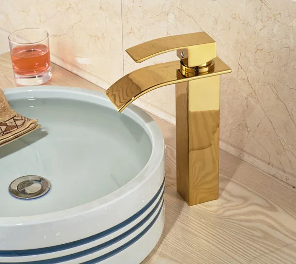 

NEW Single Top Lever Waterfall Basin Mixer Faucet Gold Color Basin Sink Taps