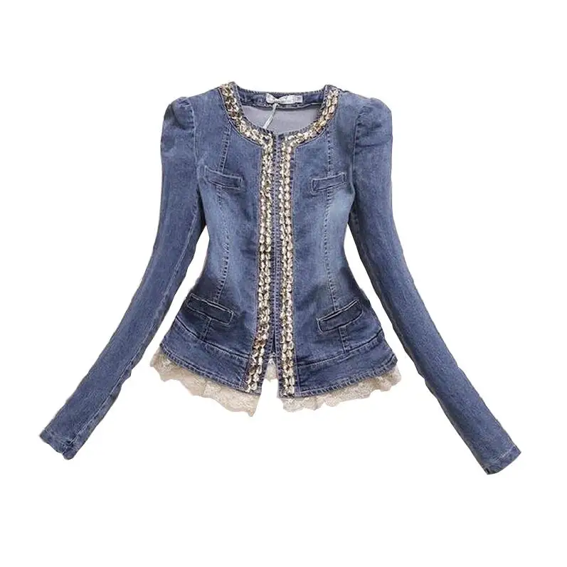 2018 Spring Lace Female Denim Jacket Slim Elegant Vintage