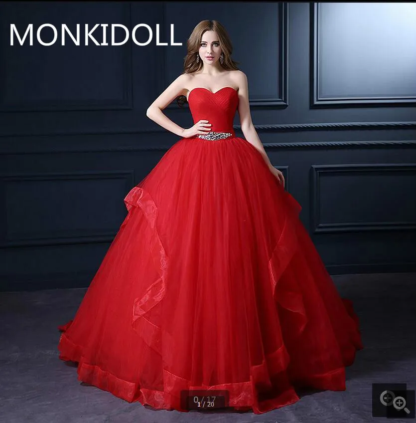 

2016 new arrival ball gown red beading wedding dress strapless sweetheart neck puffy bride gowns best selling wedding gowns