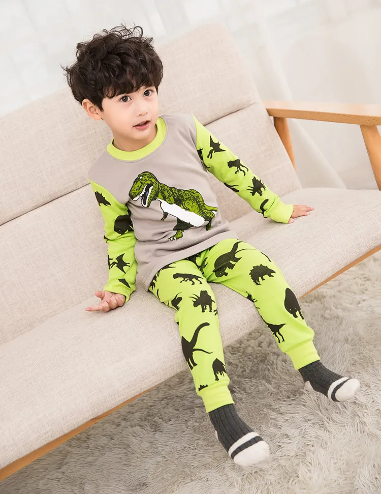 ZFBOZS/осенняя одежда для сна для маленьких мальчиков, пижамные комплекты хлопковая Футболка с принтом динозавра+ штаны, комплект из 2 предметов, детская одежда