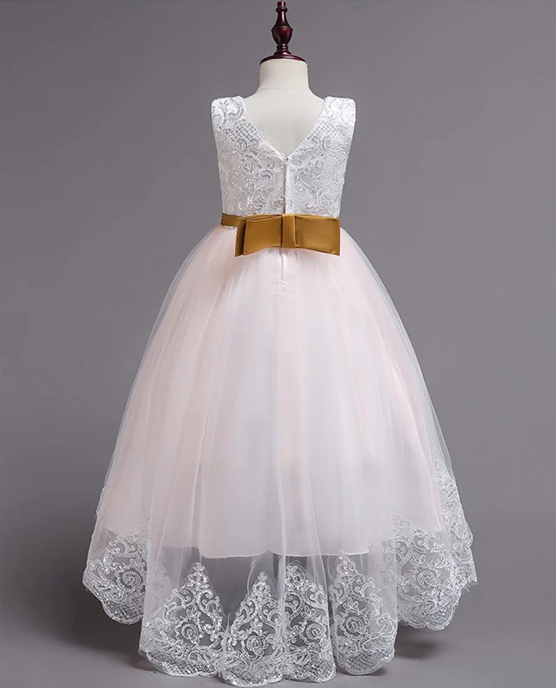 Белое кружевное платье без рукавов с большим бантом и высокой талией; платье с цветочным узором для девочек; элегантное платье-пачка принцессы; Вечерние платья на День рождения; WG1380