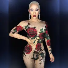 Bright Crystals Rose Flower Jumpsuit Women Sexy Outfit Party Costumes Stage Wear BodySuit Dance Singer RhinestoneS Rompers