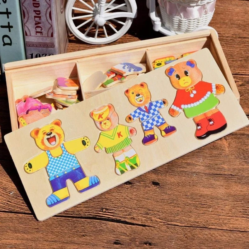 

Children's Wooden Puzzle Blocks of Bears Changing Clothes Match Kids Educational Toys Snap Boards Montessori